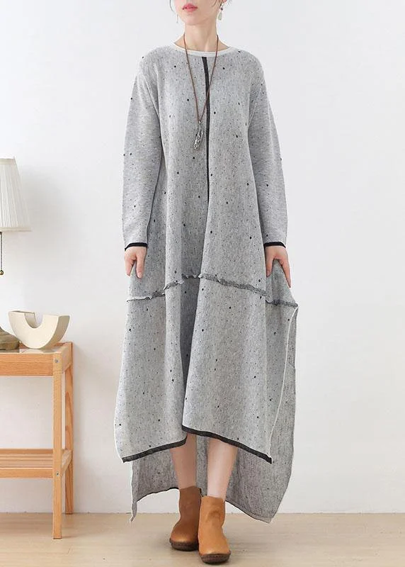 Beautiful Grey White Low High Side Open Fall Knitted Dress