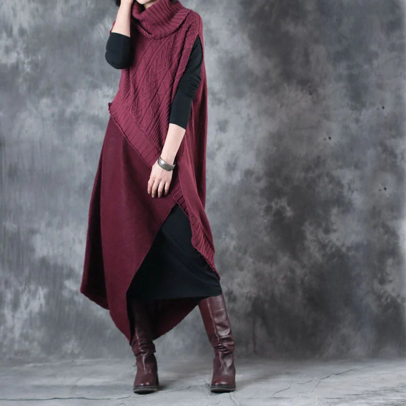 Bohemian Mulberry Turtleneck Patchwork Asymmetrical Design Fall Two Pieces Set