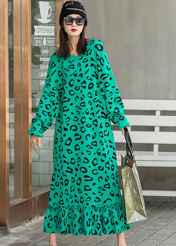 Organic Green Leopard Knit Fall Vacation Dresses Long Sleeve