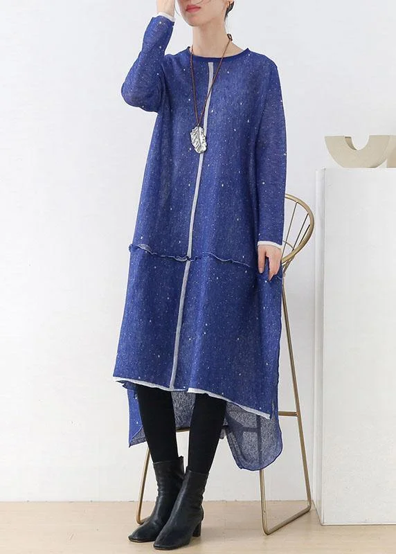 Women Blue O-Neck Pockets Fall Knit Dress