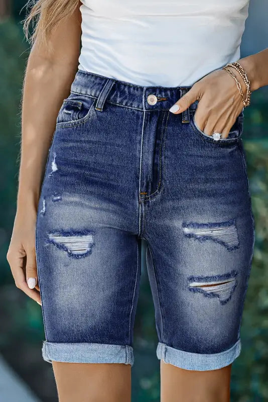 Roll-up Distressed Bermuda Denim Shorts