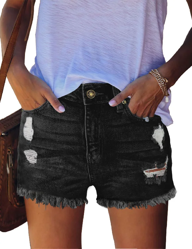 Black Rolled Hem Mid-Waist Distressed Denim Shorts