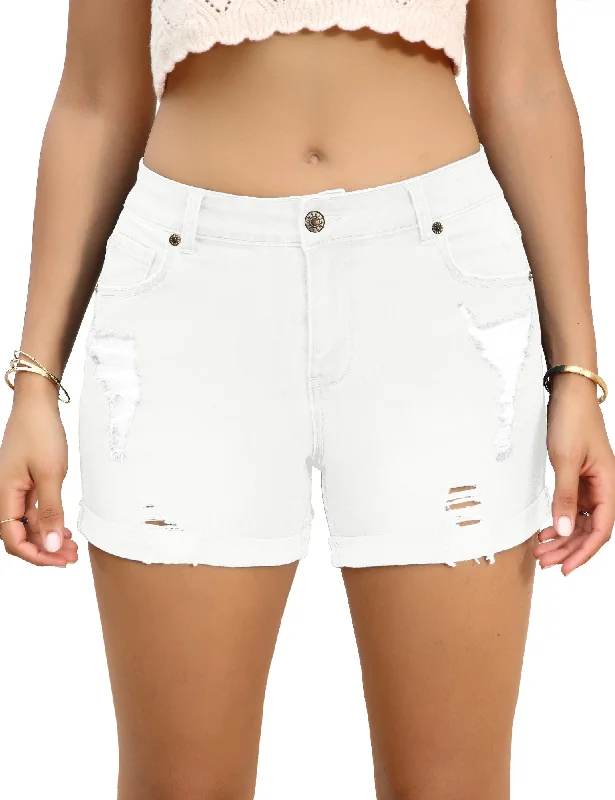 Women Mid Rise Stretch Denim Shorts Ripped Cuffed Hem Jean Shorts