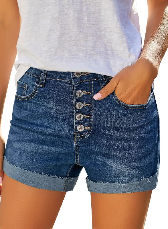 Women's High Waisted Rolled Hem Distressed Jeans Ripped Denim Shorts