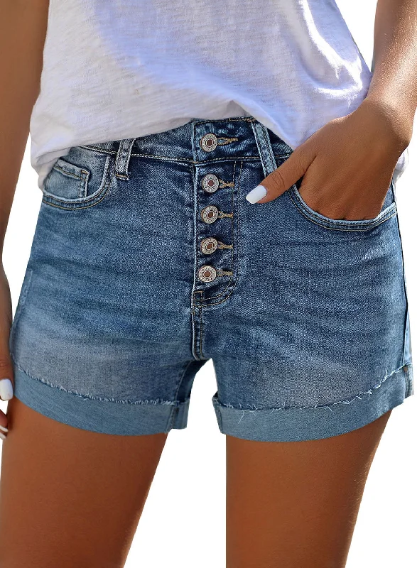 Women's High Waisted Rolled Hem Distressed Jeans Ripped Denim Shorts